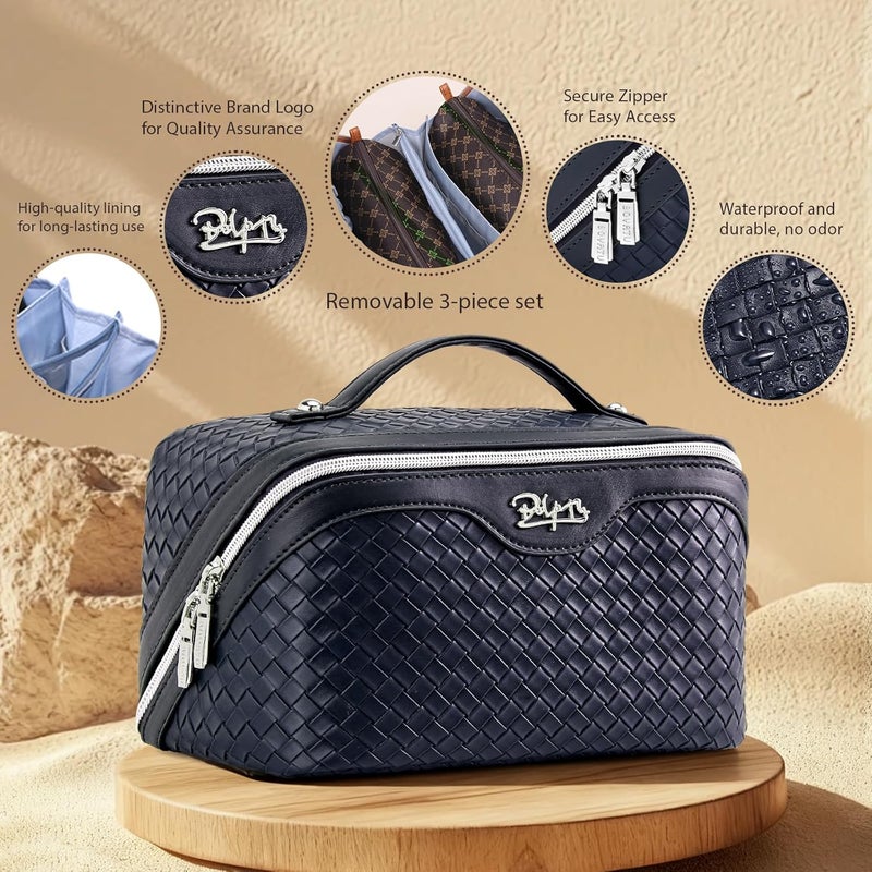 BOYATU Travel Makeup Bag Cosmetic Bags for Women: Large Capacity 3 Pcs Set Make up Bag with Compartments - Waterproof Vegan Leather Toiletry Organizer Bags with Handle (L34 Dark Blue) - Image 2
